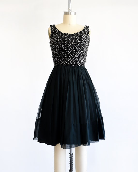 60s Black & Silver Sequin Cocktail Dress, Vintage… - image 3