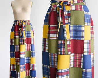 70s Patchwork Madras Plaid Maxi Skirt, medium