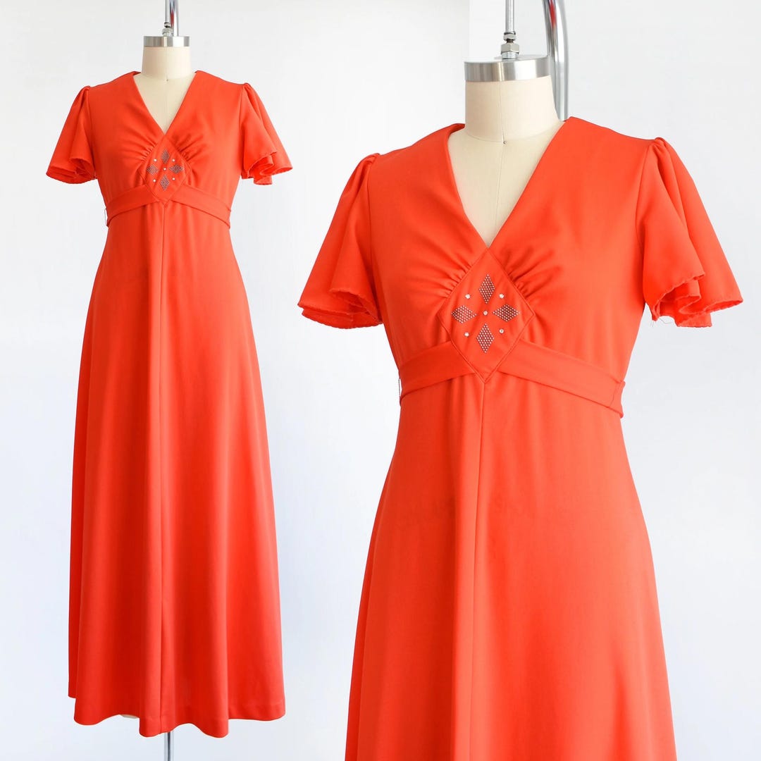 Vintage 70s Gold Flecked Red Maxi Dress Size 8