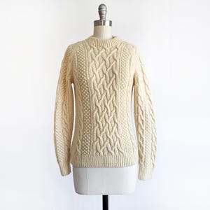 70s Cream Wool Cable Knit Sweater, Vintage Fisherman&#39;s Sweater, small