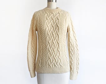70s Cream Wool Cable Knit Sweater, Vintage Fisherman's Sweater, small