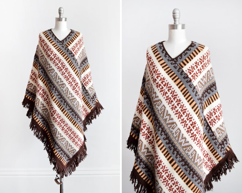 70s Knit Poncho Vintage 1970s Fringed Poncho Blanket Poncho Boho Striped Sweater Shawl