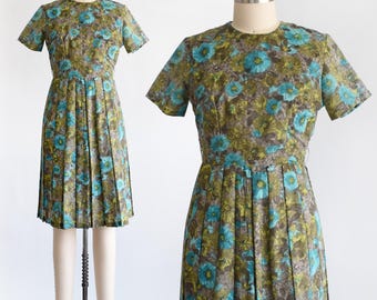 60s Blue & Green  Floral Dress, small/small medium