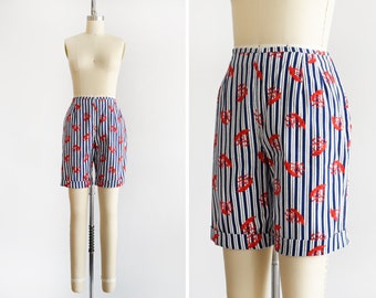 Vintage 1960s Blue & White Striped Nautical Shorts w/ Clipper Ship Print, 60s Bermuda Shorts, small medium