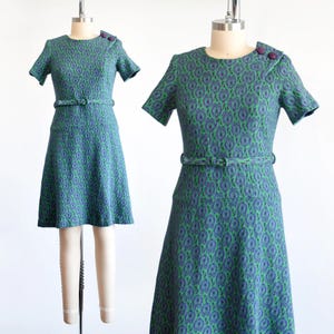 Vintage 60s Green & Purple Drop Waist Dress, small medium