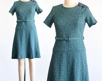 Vintage 60s Green & Purple Drop Waist Dress, small medium