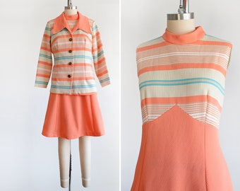 70s Peach & Blue Mod Dress Set, Vintage 1970s Matching Scooter Dress and Jacket, large