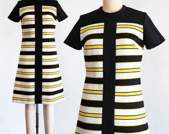 Vintage 1960s Black & Yellow Striped Mod Dress, medium