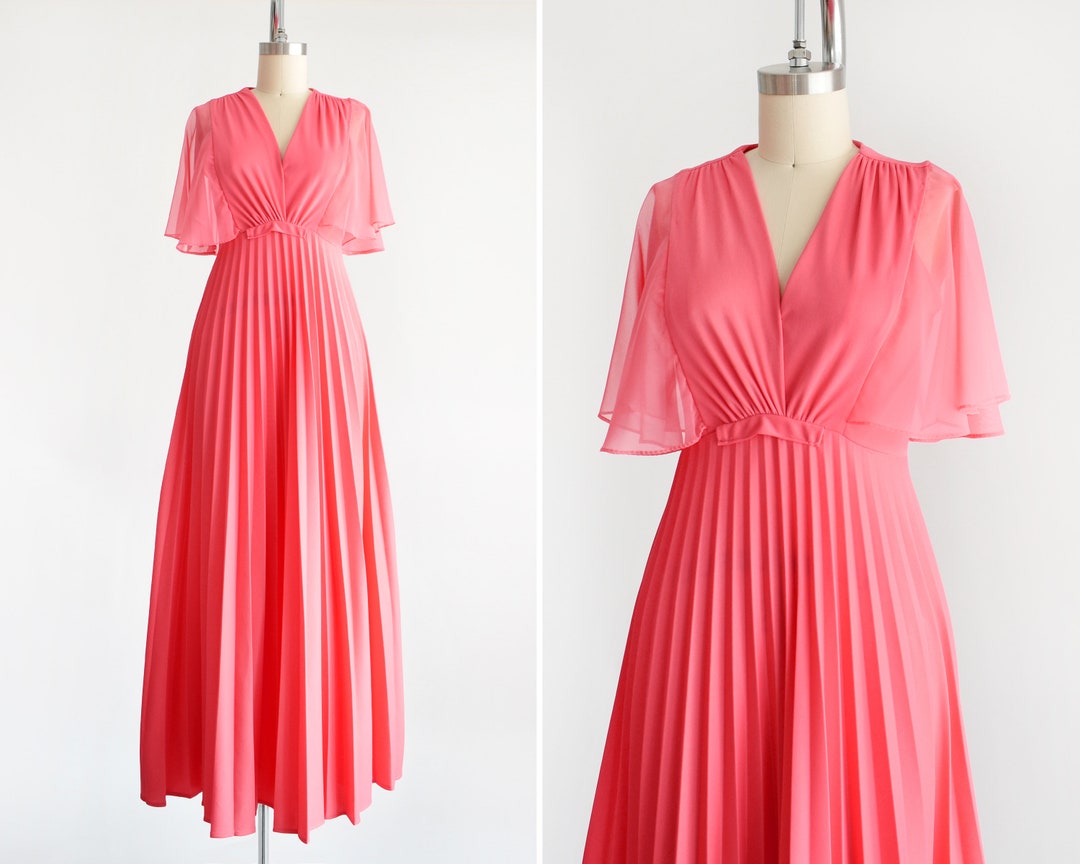 70s Coral Pink Pleated Maxi Dress Vintage 1970s Flutter - Etsy