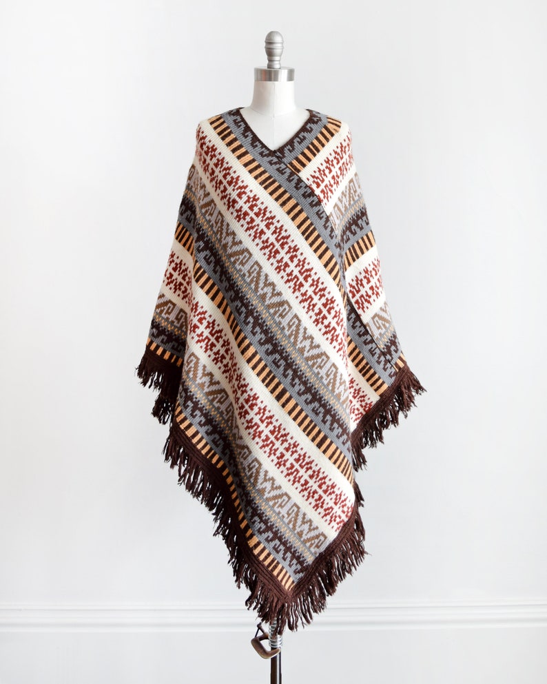 70s Knit Poncho Vintage 1970s Fringed Poncho Blanket Poncho Boho Striped Sweater Shawl