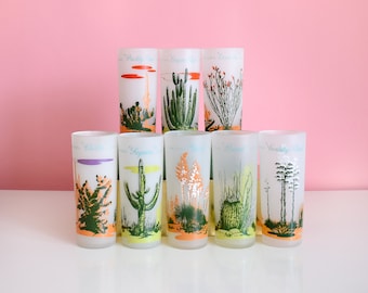 Vintage Blakely Cactus Glasses, Mid Century Arizona Cactus Frosted Tumblers - Set of 8, 14/16 fl oz