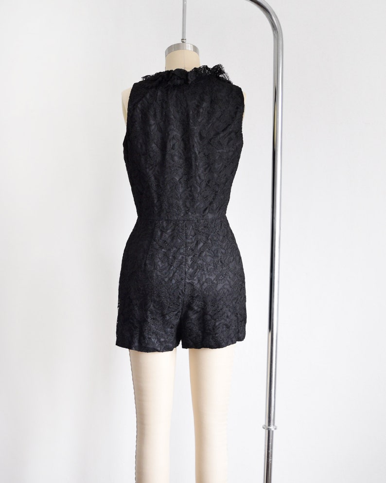 vintage black lace romper xss 1970s mod jumpsuit ruffled zip up front hot pants 60s70s playsuit