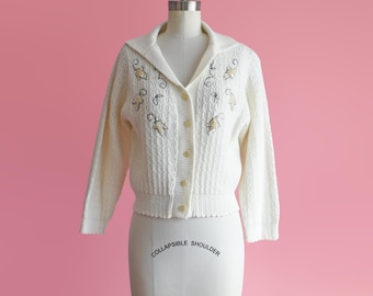 60s White Beaded & Sequin Cardigan, small medium/medium
