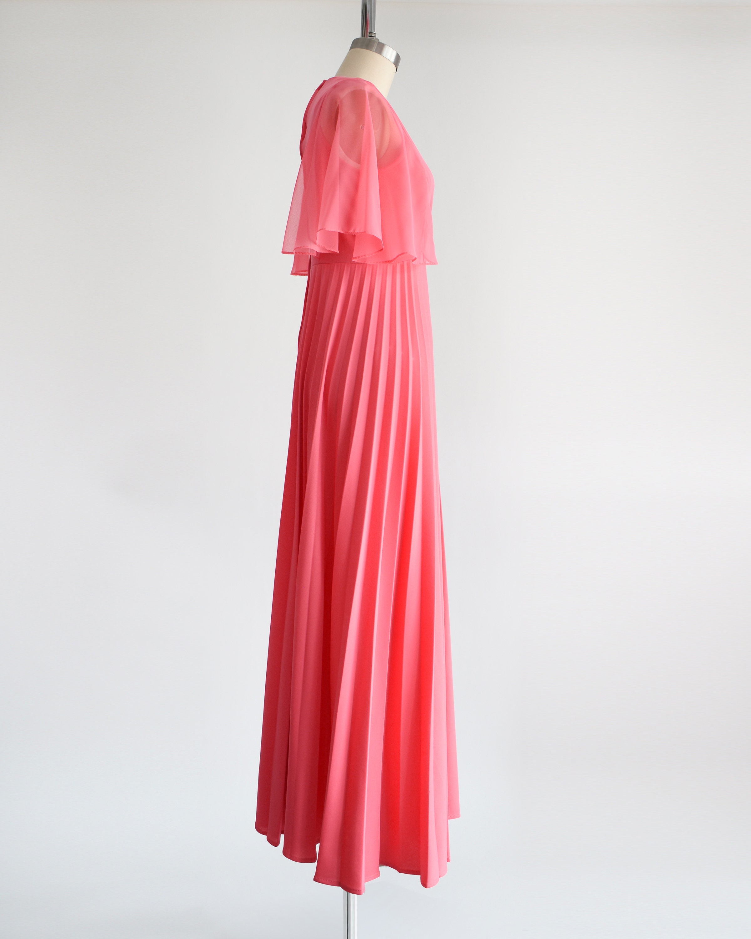 70s Coral Pink Pleated Maxi Dress Vintage 1970s Flutter Sleeve Goddess Gown Xs small Etsy