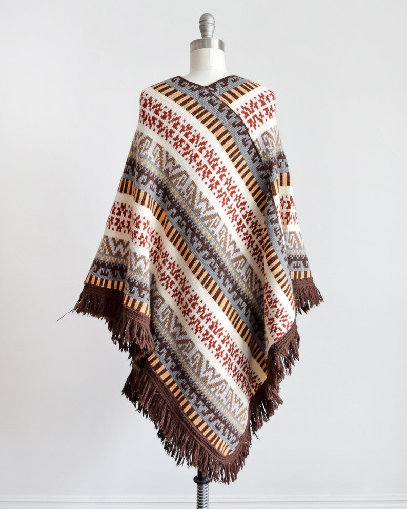 70s Knit Poncho Vintage 1970s Fringed Poncho Blanket Poncho Boho Striped Sweater Shawl