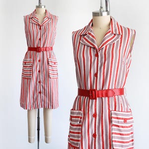 70s Rot, Weiss, & Blau gestreiftes Kleid, mittelgroß
