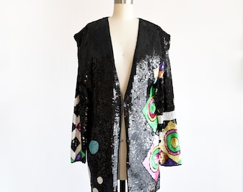 Vintage 1980s Black Sequin Geometric Jacket, medium