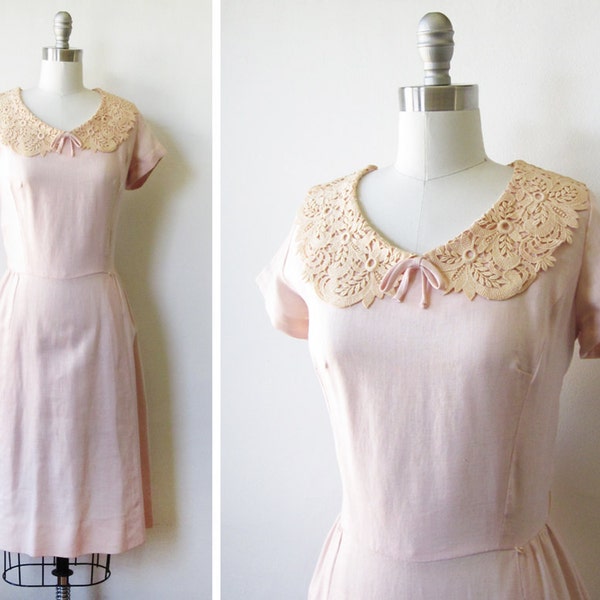 1950s dress / vintage 50s pink linen lace dress / party pink dress