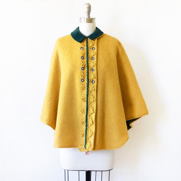 vintage wool cape, mustard yellow Austrian cape, 60s wool and velvet cape poncho