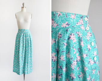 Vintage 80s Floral Skirt, 1980s Midi Cotton Skirt, Turquoise & Pink Flower Print Botanical Skirt, medium