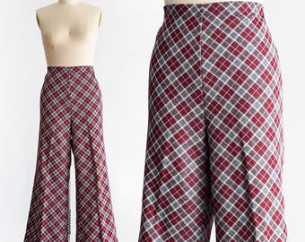 1970s Burgundy & Grau karierte Bell-Bottom Hose, XL bis 2x