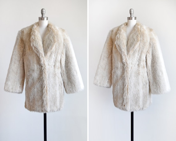 Cream Faux Fur Coat, Vintage 80s Fake Fur Coat, 19