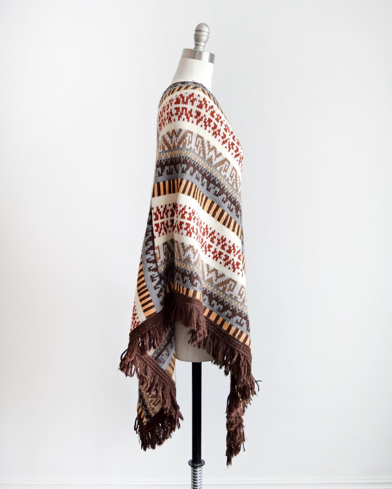 70s Knit Poncho Vintage 1970s Fringed Poncho Blanket Poncho Boho Striped Sweater Shawl