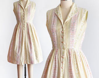 Vintage 50s Floral Gestreiftes Hemdkleid, medium
