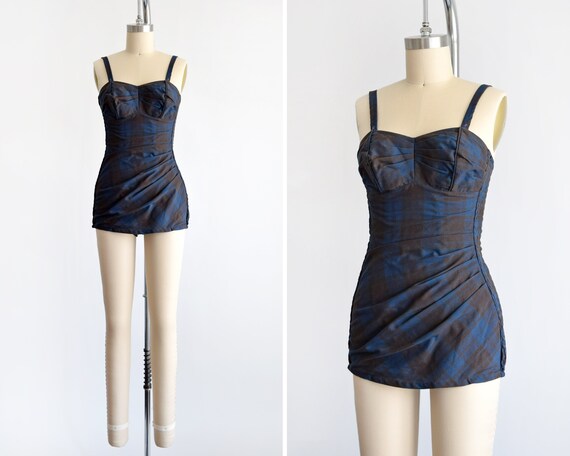 50s cotton swimsuit Vintage 1950s swimsuit Blue & Brown | Etsy