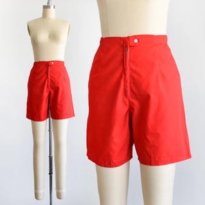 60s Red Cotton Shorts, Vintage 1960s Tab Button Shorts, xs