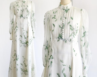 Vintage 1970s Maxi Kleid, Weiß & Grün Floral, Medium