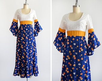 70s Floral Maxi Dress, Vintage 1970s Dress, White Eyelet Blue & Gold Flower Print Dress w/ Angel Trumpet Sleeves, xs/s