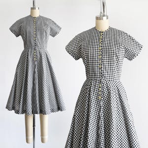 50s Black & White Gingham Dress, Vintage 1950s Shirt Dress, small