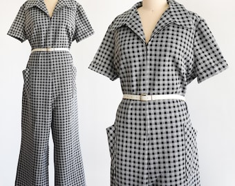 Vintage 1970s Black & White Gingham Wide Leg Jumpsuit, 2x