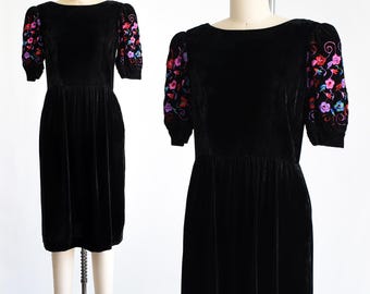80s Black Velvet Floral Embroidered Lanz Dress, medium
