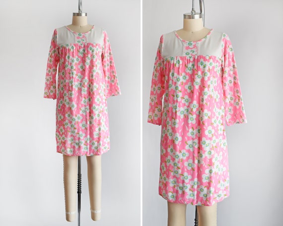 70s Pink Flower Power Nightgown, Vintage 1970s Fl… - image 1