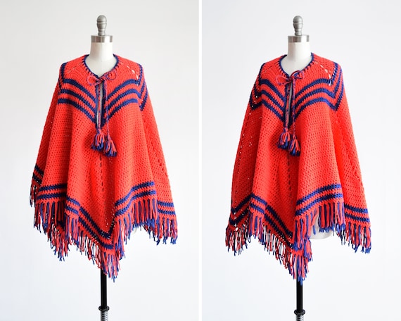 Vintage 70s Boho Fringe Poncho Navy Blue Cardigan Sweater Cape Chevron Stripe Knit Hippie Poncho Flare Collar