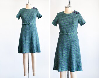 Vintage 60s Green & Purple Drop Waist Dress, small medium