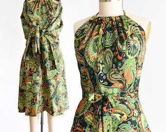 Vintage 1970s Green Paisley Halter Wrap Dress w/ Shawl, medium/medium large