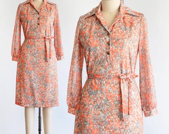 Vintage 1970s Hemd Kleid Orange & Blau, medium