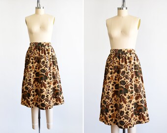 Tan Floral Velour Skirt, Vintage 80s Midi Skirt, Brown Rose Print Velvet A-Line 1980s Skirt, medium/medium large