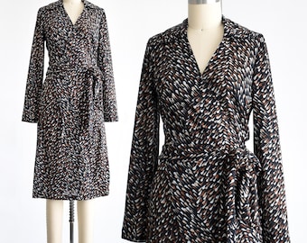 70s Wrap Dress, Vintage 1970s Black & Brown Drop Print Dress, medium