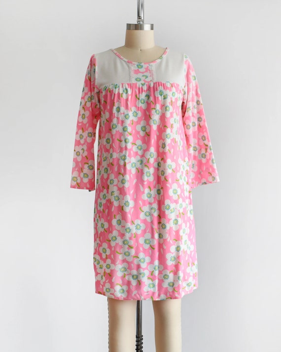 70s Pink Flower Power Nightgown, Vintage 1970s Fl… - image 3