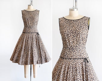 50s Leopard Print Dress, Vintage 1950s Animal Print Cotton Fit & Flare Dress, medium