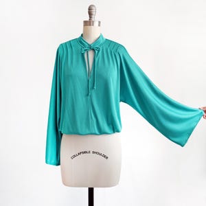 Vintage 1970s Teal Bell Sleeve Blouse, small medium