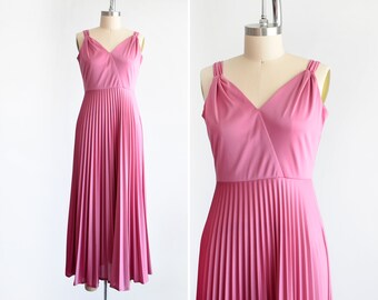 70s Dusty Pink Disco Maxi Dress, Vintage 1970s Grecian Goddess Pleated Dress, small medium
