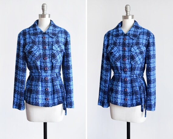 60s Blue Plaid Jacket, Vintage 1960s Towncliffe Ja