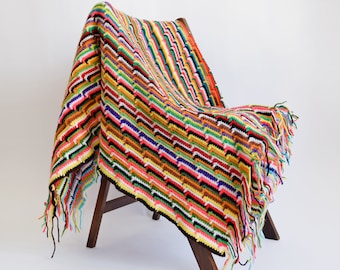 Rainbow Striped Afghan, Vintage 70s Crochet Blanket, Colorful 1970s Fringe Throw Blanket