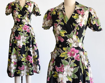 Vintage 1940s/1950s Black Floral Wrap Dress, medium large/large