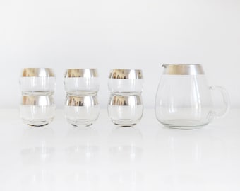 60s Dorothy Thorpe Cocktail Set w/ Pitcher, Mid Century Modern Silver Rim Roly Poly Glasses